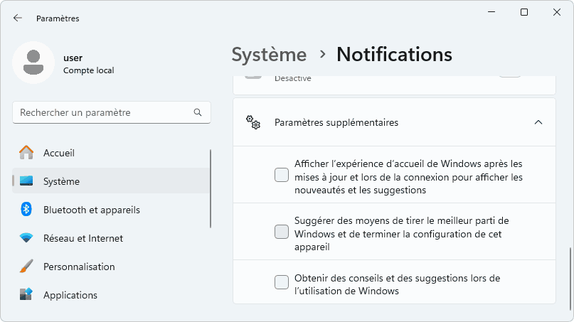 paramètres système de windows 11 - notifications - suggestions